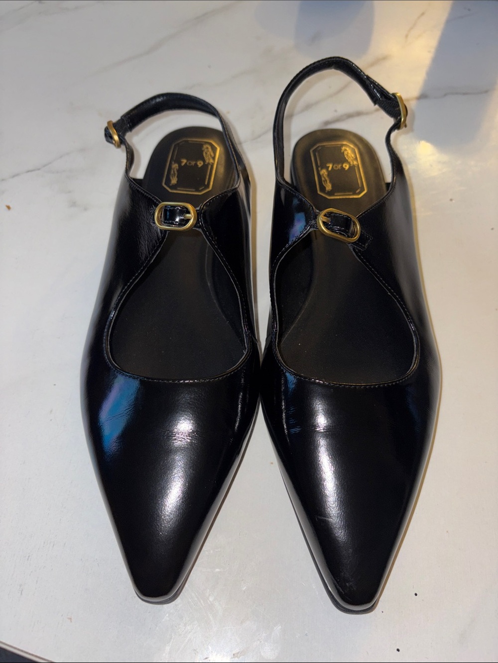 7 or 9 Black Pointed Slingback Heels with Gold Buckle